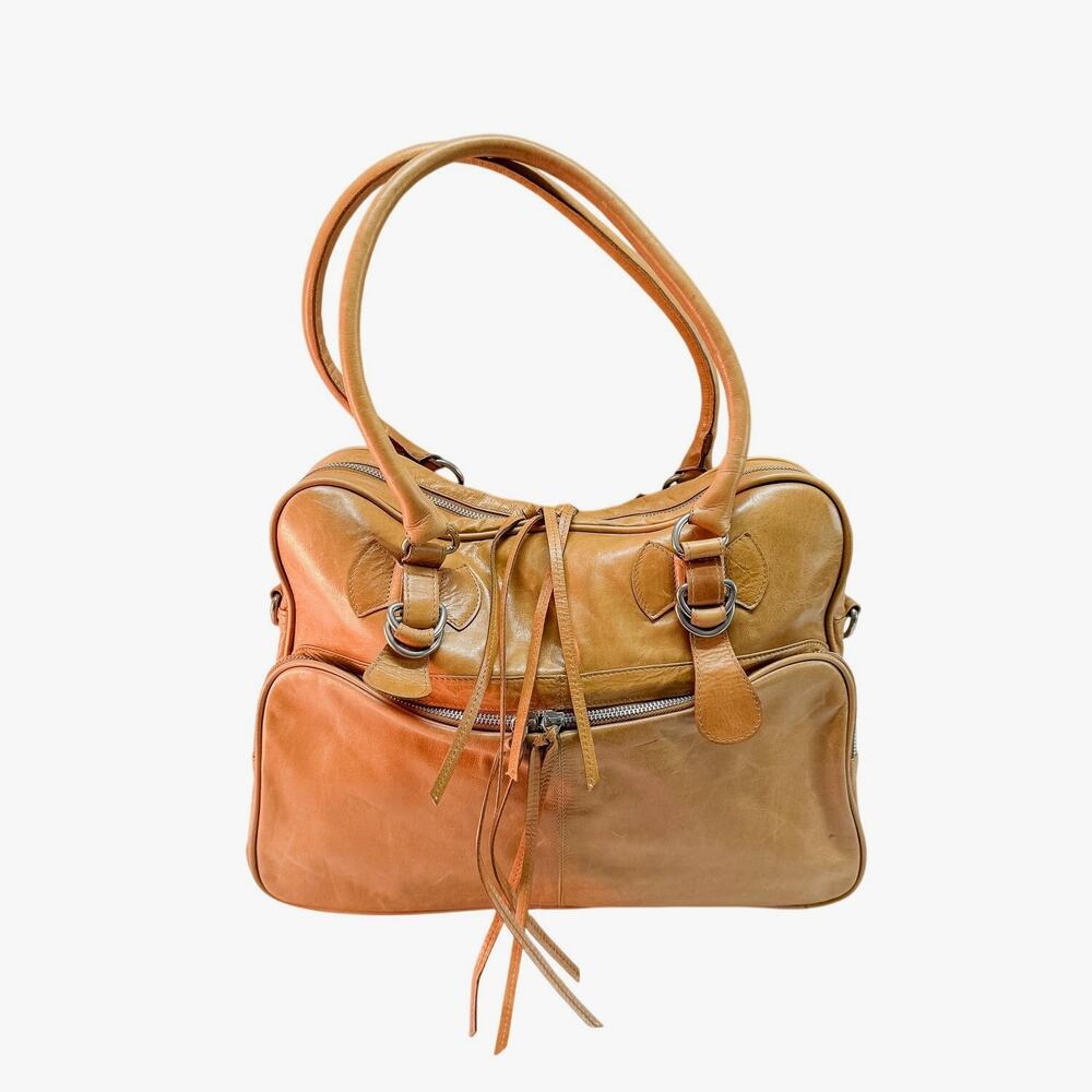 VTG Latico Tan Leather Shoulder Bag Floral Lining Boho Satchel Camel Purse